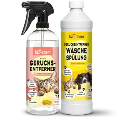 Abbildung von bio chem Geruchsentferner Set Katzengeruchsentferner Spray 750 ml + Wäschespülung 1L Mikrobiologisch &amp; effektiv Gegen Tiergeruch auf Textilien Oberflächen