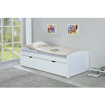 Abbildung von Inter Link Funktionsbett Einzelbett Kinderbett 2 Schubkästen Kiefer Massivholz EINAR weiss 90 x 200cm