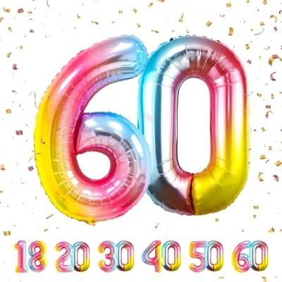 Abbildung von 60 Geburtstag Deko zahlen luftballon jahre Folienballon Regenbogen für 60. Geburtstagsdeko Männer Frauen Ballon Zahl zum fliegt mit Helium 60.Geburtstagsparty 40&quot; 101cm
