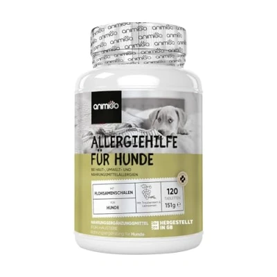 Abbildung von animigo Allergiehilfe für Hunde 120 Allergie Tabletten Haut , Umwelt &amp; Nahrungsmittelallergien Mit Kurkuma, Flohsamenschalen, Leinsamen, Traubenkernextrakt, Kürbiskern, Huhn Geschmack
