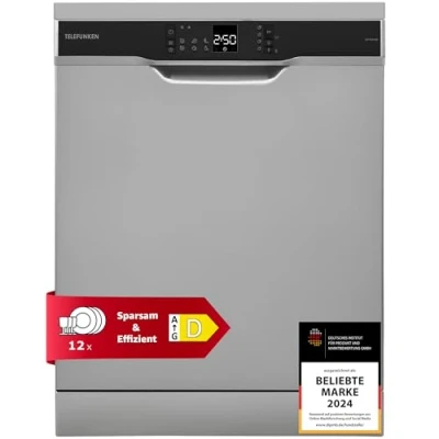 Abbildung von Telefunken Geschirrspüler freistehend 60 cm, Spülmaschine Silber, 12 Maßgedecke, 6 Programme, AquaStop, Startzeitvorwahl, leise 45 dB, Speed Wash, Eco, höhenverstellbar, Besteckkorb, GFS6012DI