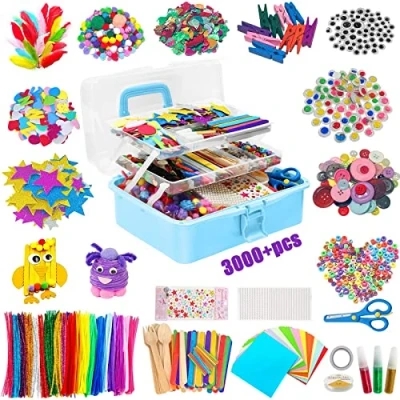 Abbildung von Withosent Bastelset Kinder, 3000+PCS DIY Basteln Kinder Bastelsachen, Bastelsets für Kinderbastelkoffer, Bastelzubehör Pfeifenreiniger, EIS am Stiel, Pompons, Perlen, Scrapbooking