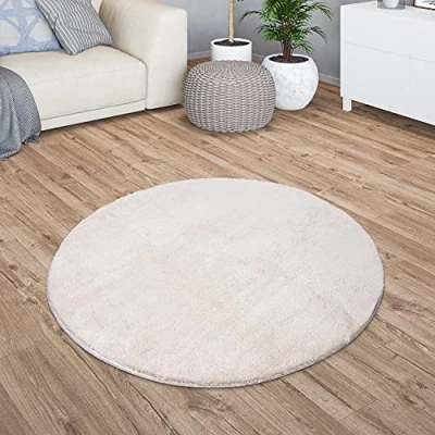 Abbildung von TT Home Teppich Wohnzimmer Kurzflor Anti Rutsch Rückseite Einfarbiges Design Waschbar, Farbe: Creme, Größe:120 cm Rund