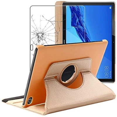 Abbildung von ebestStar Hülle für Huawei MediaPad M5 Lite 10.1 Tablet 10.1, Drehbar Schutzhülle, PU Lederhülle, Rotierende Ständer Etui, Rotating Case Cover, Gold + Panzer Schutz Glas