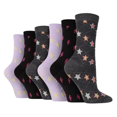 Abbildung von Wildfeet 6er Pack Damen Gestrickt Socken Atmungsaktive Weiche Baumwolle Stiefelsocken Neuheit (37 42, Sterne)