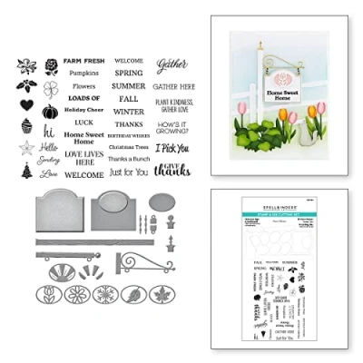 Abbildung von Spellbinders Willkommensschild &amp; Sentiments by Annie Williams Stempel und Stanzformen Set, Metall
