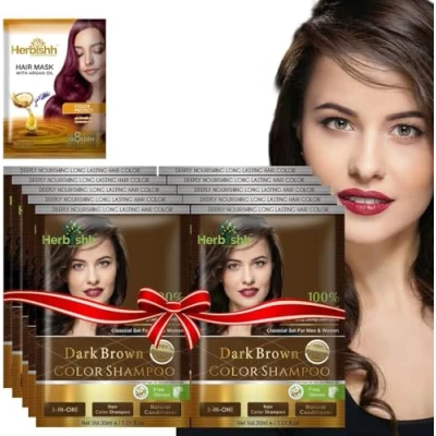 Abbildung von Herbishh Haarfärbe Shampoo mit Argan Haarmaske, Reisegröße, Farben in Minuten, lang anhaltende Farbe, 10 Stück + 1 Packung, ohne Ammoniak (Dark Brown)
