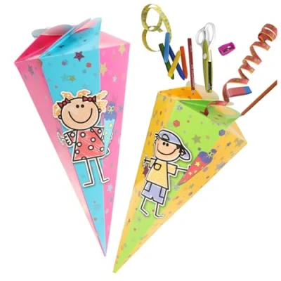 Abbildung von com four® 2X Schultüte 30cm Geschwisterschultüten aus Pappe Faltbare Zuckertüte für die Einschulung zum Schulanfang Geschenkverpackung Schulanfänger