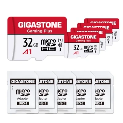 Abbildung von GIGASTONE Gaming Plus 32GB MicroSDHC Speicherkarte 5 Pack und SD Adapter, kameras Drohnen, 90MB/s, Full HD Video, Micro UHS I A1 U1 Klasse 10