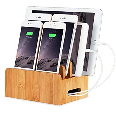 Abbildung von XPhonew Bamboo Wood Desktop Multi Gerätekabel Organizer Ständer und Ladestation Ladegerät Docks Cradle Holder kompatibel iPhone iPad Samsung Huawei OnePlus Sony LG Smartphones Tablets