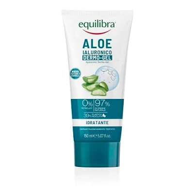 Abbildung von Equilibra Körper, Aloe Dermo Gel Hyaluronic, feuchtigkeitsspendendes und beruhigendes auf gestresster oder gereizter Haut bei Sonneneinstrahlung, Stichen Rasieren, Basis von Vera