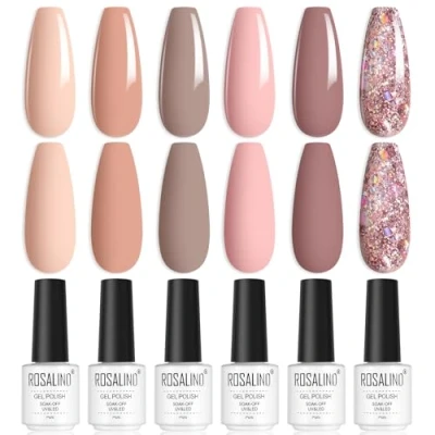 Abbildung von ROSALIND UV Nagellack, Nudetöne Shellac 6 Farben Nude Rosa Beige Champagner Glitzer Gel Nagellack Set Soak Off Nail Polish für Anfänger Art Salon DIY