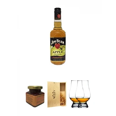 Abbildung von Jim Beam APPLE Whiskey 0,7 Liter + Kentucky Bourbon Himbeer Marmelade 150 Gramm Glas 1a Whisky Holzbox für 2 Flaschen mit Schiebedeckel The Glencairn Glass Stölzle Stück