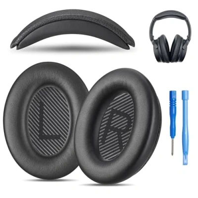 Abbildung von Ersatz Ohrpolster und Kopfbandkissen für Bose QuietComfort 35 (QC35) Quiet Comfort II (QC35 II) Kopfhörer QC35 II, Schwartz)