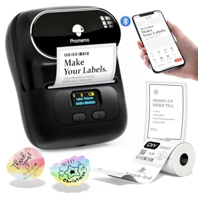 Abbildung von Phomemo M110 Etikettendrucker, Beschriftungsgerät Bluetooth für iOS &amp; Android, Barcode Drucker Etikettiergerät Kleidung, Schmuck, Einzelhandel, Haushalt, mit 1 Rolle 40x30mm Etikett