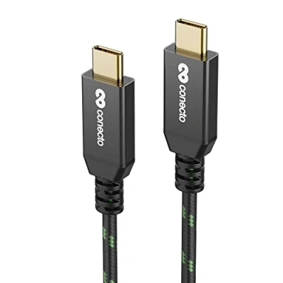 Abbildung von conecto, USB C auf Daten und Lade Kabel, 3.1, Gen 2, Schnellladefunktion, vergoldete Stecker, E Marker, 5A/100W, 10 GB/s, 4K 60Hz, Aluminium Gehäuse, Nylon Mantel, schwarz/grün, 1,00m
