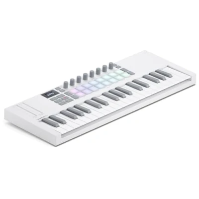 Abbildung von Novation Launchkey Mini 37 Weiß (MK4) Portables USB MIDI Controller Keyboard mit Minitasten und DAW Integration. Akkord Skalenmodi, Drum Pads Arpeggiator Inklusive Musiksoftware Bundle