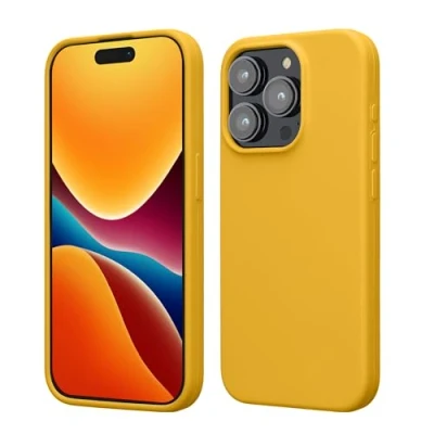 Abbildung von kwmobile Hülle für das iPhone 15 Pro Silikon Handy Case stoßfeste Handyhülle mit weicher Oberfläche Honiggelb