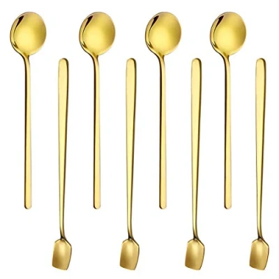 Abbildung von CKANDAY 8er Pack Espressolöffel &amp; Rührlöffel mit langem Griff,Edelstahl Gold Mini Teelöffel Set für Kaffee Zucker Dessert Kuchen Eiscremesuppe Antipasti Cappuccino Vorspeise Mixing Milkshake Cocktail