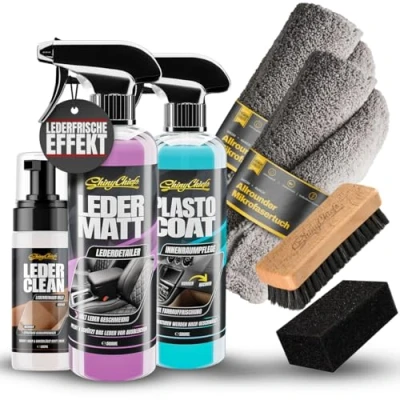 Abbildung von ShinyChiefs LEDER Matt + CLEAN PLASTO COAT KOMPLETT SET Schaumreiniger für Ledersitze und Lenkräder Versiegelnde Lederpflege mit Effekt Farbauffrischung, 2 Mikrofasertücher, Zubehör