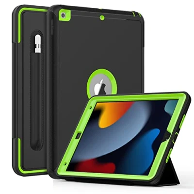Abbildung von DAORANGE Hülle für iPad 9. 8. 7. Generation (10,2 Zoll, Modell 2021/2020/2019), Stoßfeste Schutzhülle mit Stifthalter und Auto Schlaf/WachenFunktion Ständer 9/8/ 7 (Schwarz+Grün)