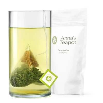 Abbildung von Anna&#039;s Teapot Bio Genmaicha Grüner Tee Japanischer Grüntee in Teebeuteln mit geröstetem braunem Reis und Matcha 20 Pyramidenbeutel wiederverschließbarem Beutel