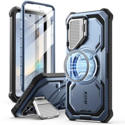 Abbildung von i Blason Armorbox für Samsung Galaxy S25 Hülle Magsafe mit Kameraschutz Bumper Case 360 Grad Handyhülle Robust Schutzhülle Displayschutz und Ständer 2025 (Blau)