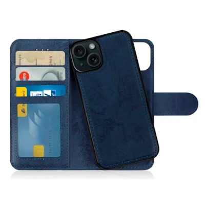 Abbildung von MyGadget Flip Case für iPhone 15 [ abnehmbare Magnet Hülle ] Handyhülle aus Kunstleder Klapphülle mit Kartenfach Schutzhülle in Dunkelblau