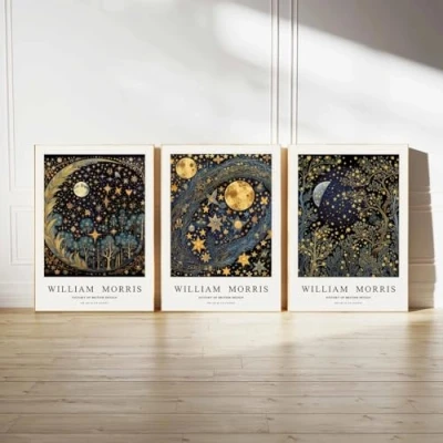 Abbildung von ZZYGGN GMGSW William Morris Poster Gold Mond Stern Baum Wandkunst Drucke Retro Malerei Leinwand für Wohnkultur 40x60cmx3 Kein Rahmen