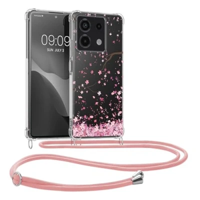 Abbildung von kwmobile Necklace Case kompatibel mit Xiaomi Redmi Note 13 4G Hülle Silikon Cover Handykette Rosa Dunkelbraun Transparent Kirschblütenblätter