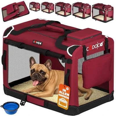 Abbildung von CADOCA® Hundebox faltbar Transportbox M 60x42x44cm robust atmungsaktiv Transporttasche Auto Rückbank Haustiertransportbox Hundetragetasche Dunkelrot