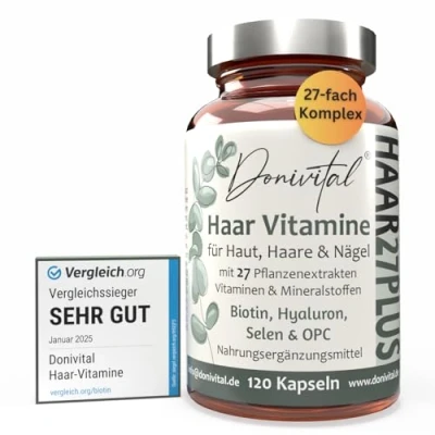 Abbildung von Haar Vitamine Testnote SEHR GUT 27 Wirkstoffe Hochdosiert Biotin Zink Selen zum Erhalt normaler Haare. Hyaluron Hirseextrakt alle B Vitamine. 120 Kapseln für Frauen, Männer &amp; Bart Vegan