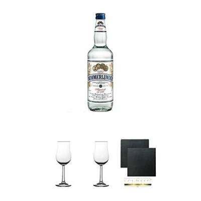 Abbildung von Bommerlunder Aquavit 0,7 Liter + Nosing Gläser Kelchglas Bugatti mit Eichstrich 2cl und 4cl 2 Stück Schiefer Glasuntersetzer