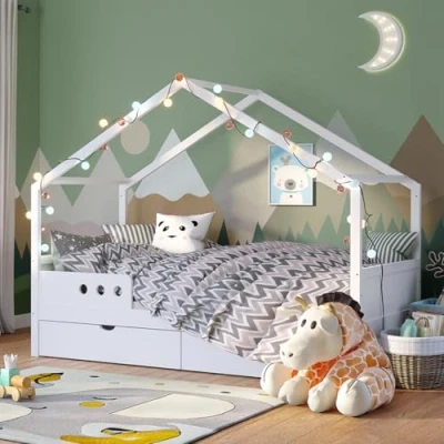 Abbildung von Bellabino Hausbett Bela (Kinderbett 90x200 cm, mit 2 Schubladen, weiß), inkl. Rausfallschutz und Lattenrost, aus Kiefer Massivholz