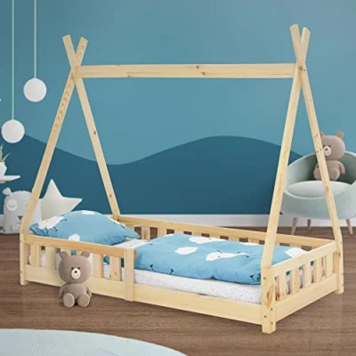 Abbildung von ML DESIGN Kinderbett Hausbett mit Rausfallschutz und Lattenrost Massivholz, Bett 80x160 Natur aus Kiefernholz Spielbett Zelt Zaun
