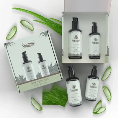 Abbildung von Soumme Aloe Vera Gel 200ml &amp; 100ml Travel Size // 100% Natürlich 98% BIO Mit Vitamin C Hyaluron Vegan Riecht frisch dank natürlicher Grapefruit Glasflaschen, Made in Germany