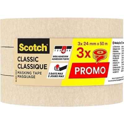 Abbildung von Scotch Kreppband Classic Beige, 24 mm x 50 m (3 Rollen) Hochwertiges Universal Abklebeband, Premium Malerkrepp für Malerarbeiten und Dekoration