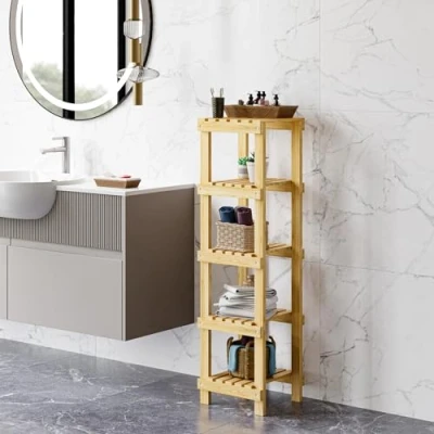 Abbildung von [en.casa] Badregal Kinnula Badezimmerregal hohes Standregal mit 5 Ebenen Küchenregal schmales Holzregal aus Holz freistehend 110x30x30 cm Natur