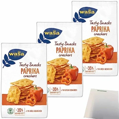 Abbildung von Wasa Tasty Snacks Paprika Crackers 3er Pack (3x150g Packung) + usy Block