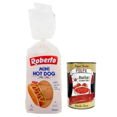 Abbildung von 6x Roberto Mini Hot Dog Brot,Packung mit 300g,Jede Packung enthält 8 Buns + Italian Gourmet Polpa di Pomodoro 400g Dose