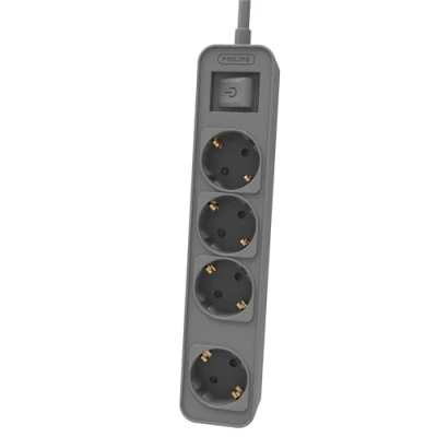 Abbildung von Philips CHP2144G Steckdosenleiste mit 4 Steckdosen, Stromversorgungsverriegelung, 1,440 W, geflochtenes Netzkabel, 1,5 m, hohe Widerstandsfähigkeit, Sicherheitsverschluss (LED Anzeige) Grau