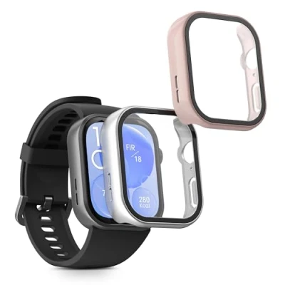 Abbildung von kwmobile 2X Cover kompatibel mit Huawei Watch Fit 3 Hülle Fullbody Fitnesstracker Case Set aus Glas Silber Altrosa