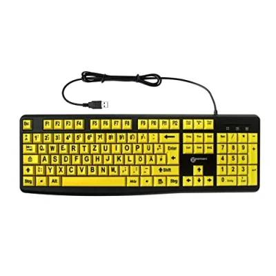 Abbildung von Geemarc Alphanumerische Tastatur mit Kabel und großen schwarzen Zeichen auf gelben Tasten Hoher Kontrast für Sehbehinderte Kompatibel Windows XP, Vista, 7, 8, 10 QWERTZ