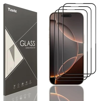 Abbildung von Tzstz Displayschutzfolie aus Hartglas für iPhone 16 Pro, Härtegrad 9H, kratzfest, HD, 3 Stück