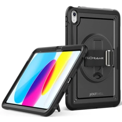 Abbildung von TECHGEAR JOLT SHELL Schutzhülle für Apple iPad 10. Generation 11 Zoll / 10 2022, robust, stoßfest, schlank, mit 360 drehbarem Ständer und Handschlaufe, Schwarz