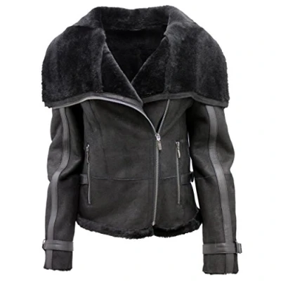 Abbildung von Infinity Frauen kurze Schwarze Merino Schaffell Flieger Lederjacke 2XL