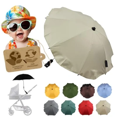 Abbildung von Sonnenschutz universal [Sonnenschirm für Kinderwagen] Buggy UV Schutz 50+ mit Universalhalterung biegsamer Schirm Rund und Ovalrohre verstellbar (beige)