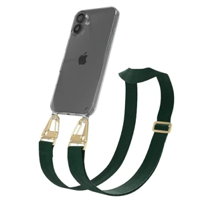 Abbildung von EAZY CASE Handykette mit breitem Band kompatibel iPhone 16 Plus dünne Handyhülle für Apple Hülle Silikon Fallschutz Kette zum Umhängen in Pinien Grün Clips Gold