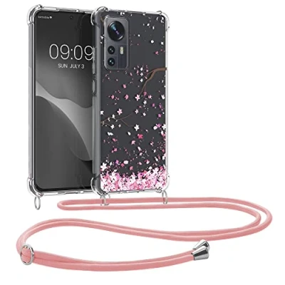 Abbildung von kwmobile Necklace Case kompatibel mit Xiaomi 12 / 12X Hülle Silikon Cover Handykette Rosa Dunkelbraun Transparent Kirschblütenblätter