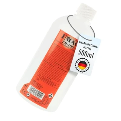 Abbildung von EMAG Entoxidationsmittel EM 100 I Spezieller Ultraschallreiniger für Bronze, Edelmetalle, Schmuck uvm. Entfernt Oxid &amp; Sulfidschichten 500ml